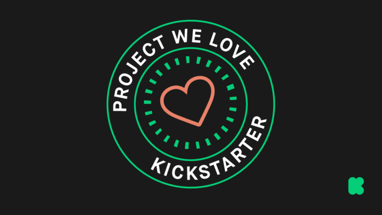 gif of a heart inside concentric circles on a black background with text saying, "Projects we love Kickstarter", the heart flashes red.